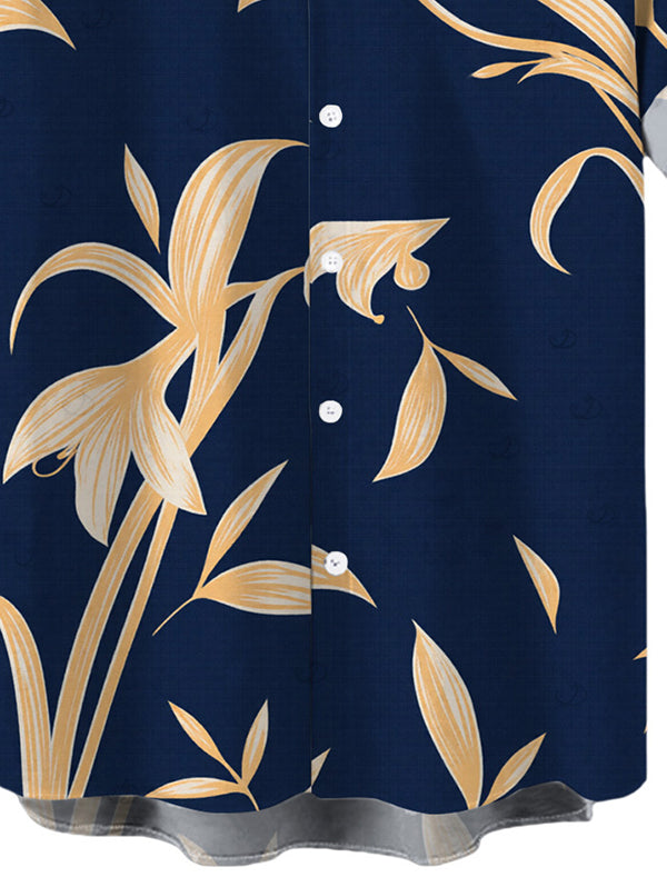 Men's Golden Hand?Drawn Orchid Floral Print Button Up Vacation Shirt