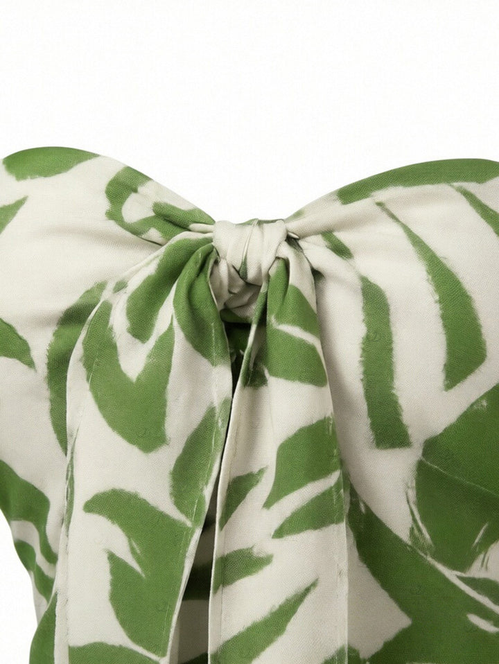 Botanical Leaf Silhouette Print Bowknot Wide Leg Jumpsuit