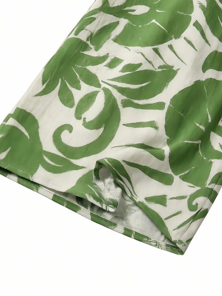 Botanical Leaf Silhouette Print Bowknot Wide Leg Jumpsuit