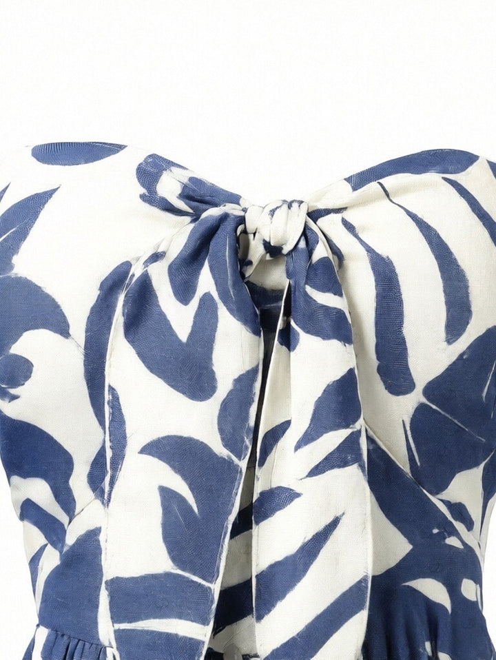 Botanical Leaf Silhouette Print Bowknot Wide Leg Jumpsuit