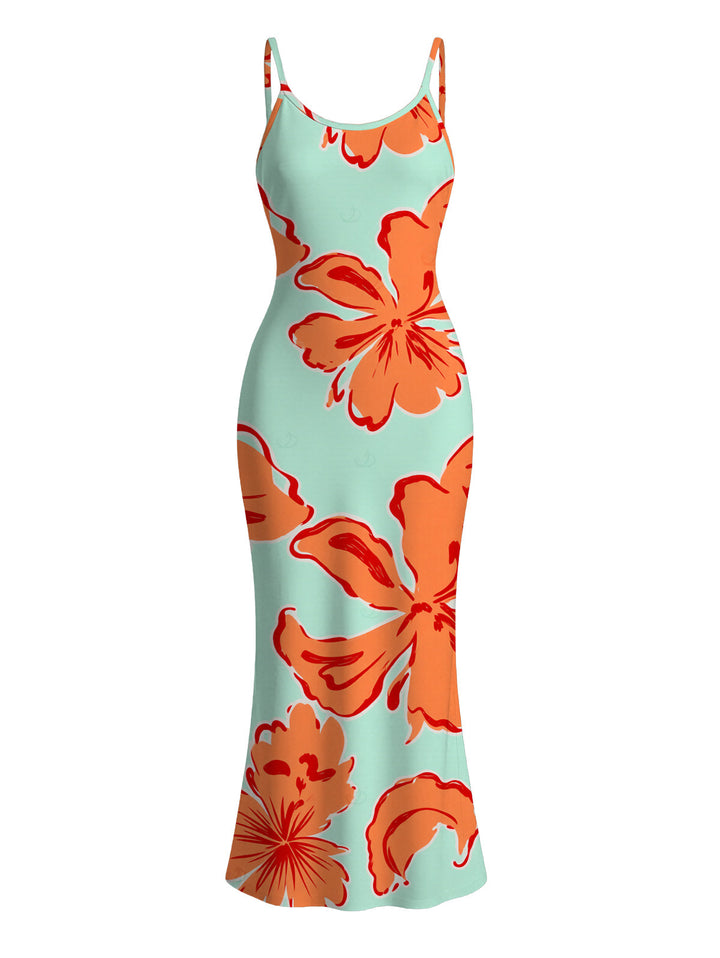 Colorblock Hibiscus Floral Print Spaghetti Strap Bodycon Vacation Dress