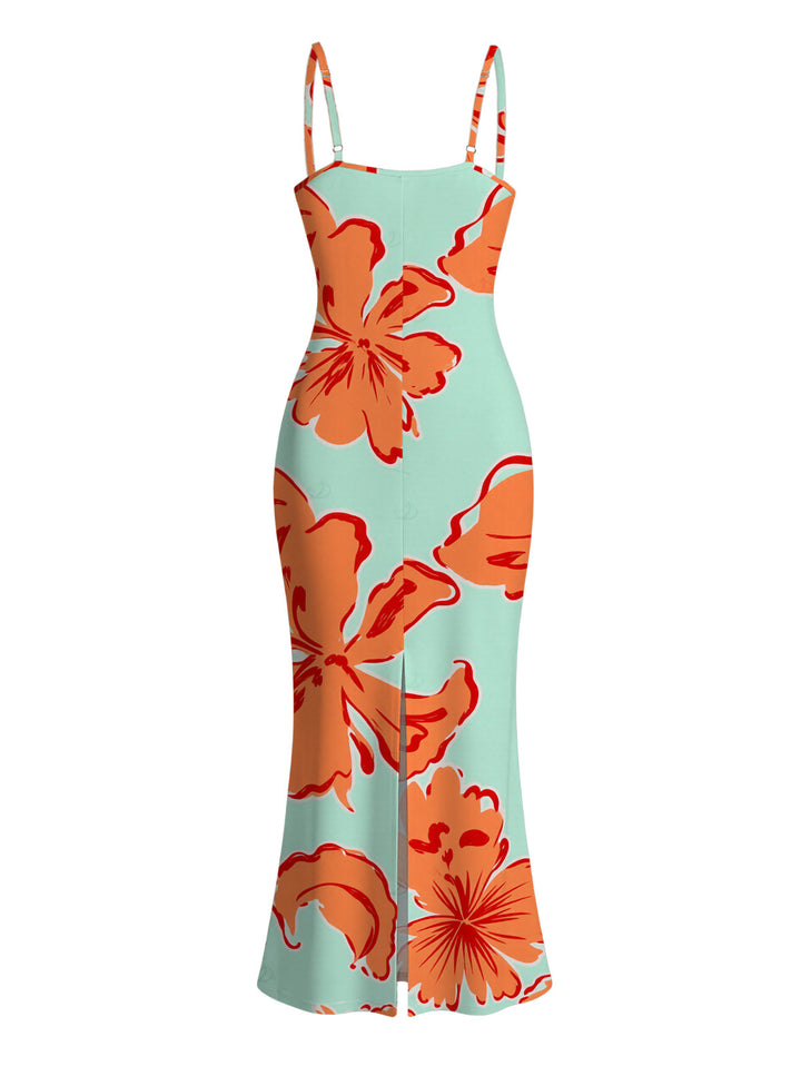 Colorblock Hibiscus Floral Print Spaghetti Strap Bodycon Vacation Dress