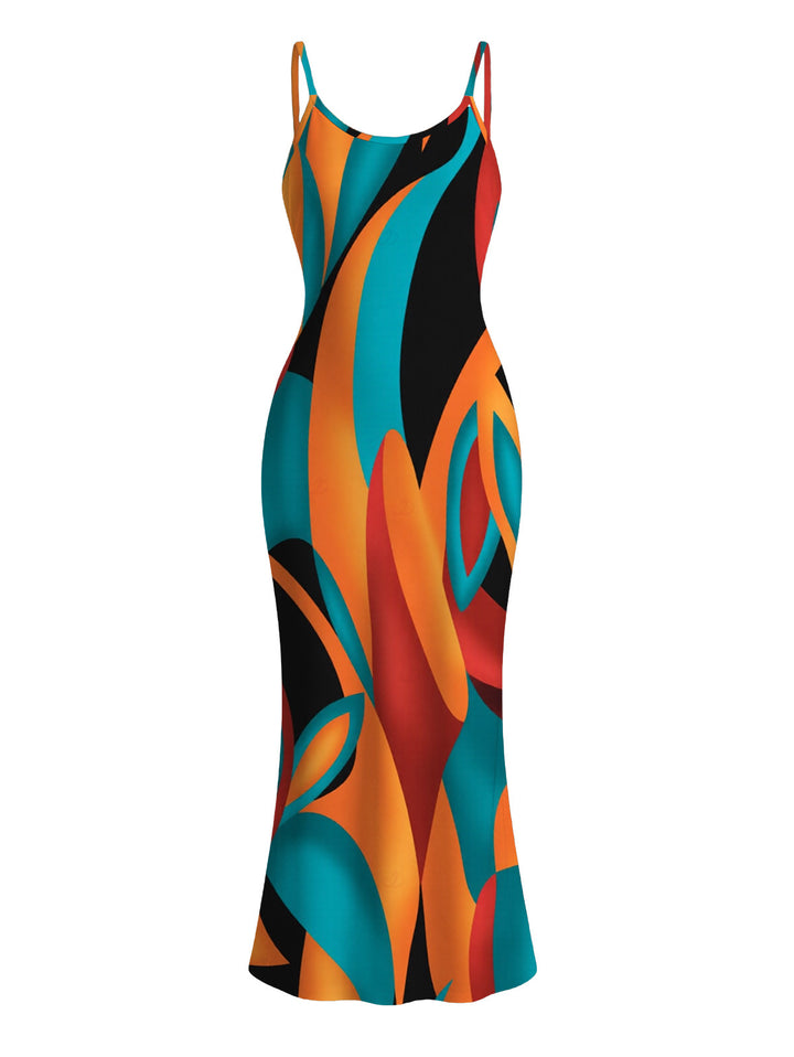 Colorful Abstract Geometric Print Spaghetti Strap Bodycon Bohemian Vacation Dress