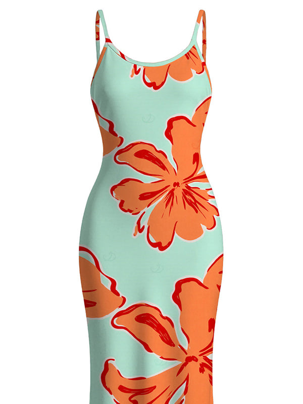Colorblock Hibiscus Floral Print Spaghetti Strap Bodycon Vacation Dress
