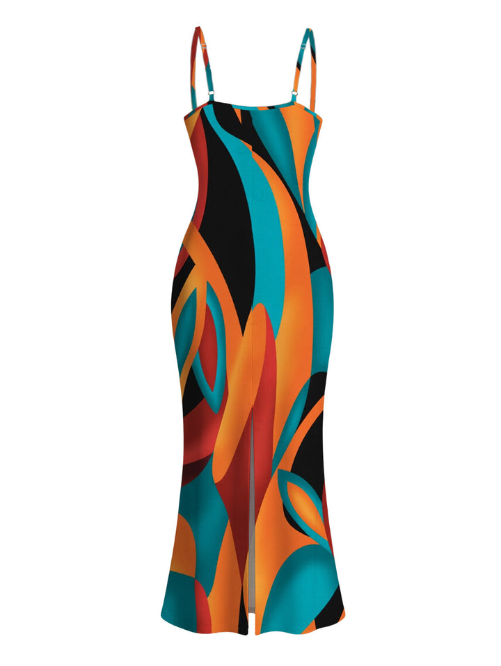 Colorful Abstract Geometric Print Spaghetti Strap Bodycon Bohemian Vacation Dress