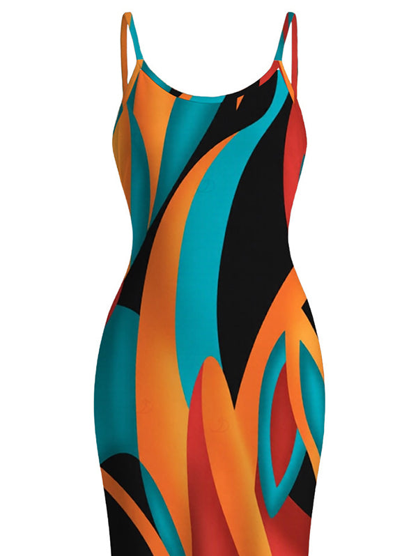 Colorful Abstract Geometric Print Spaghetti Strap Bodycon Bohemian Vacation Dress