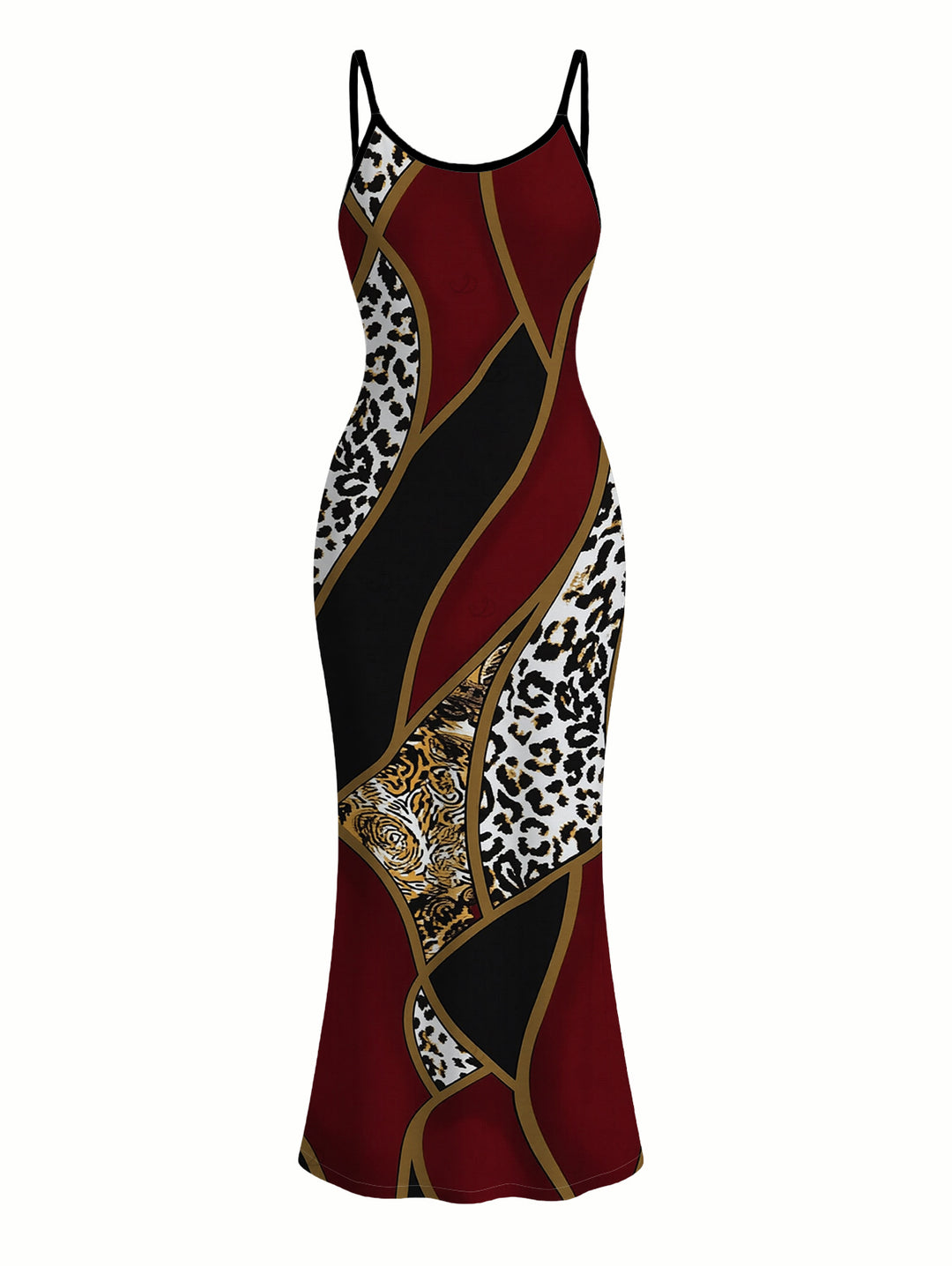 Color-blocked Leopard Print Cami Dress, Slim-fit Figure-hugging Long Dress for Women, Elegant Style