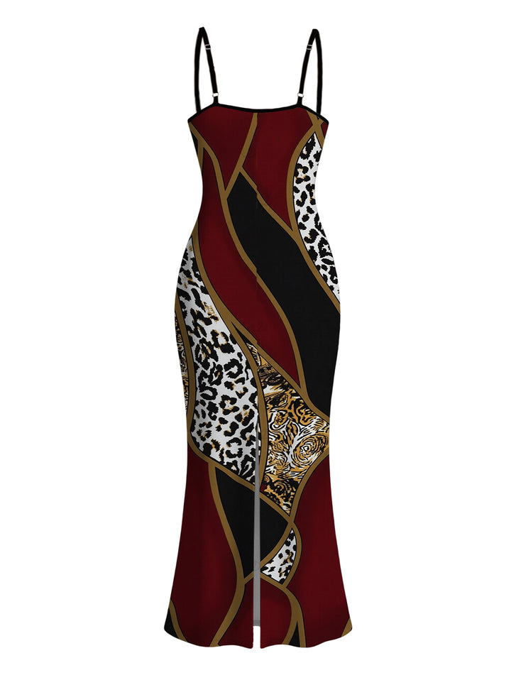 Color-blocked Leopard Print Cami Dress, Slim-fit Figure-hugging Long Dress for Women, Elegant Style
