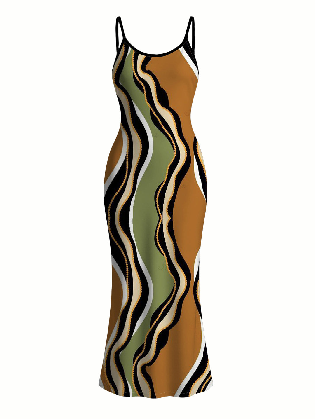 Women's Retro Wave Stripe Print Spaghetti Strap Dress, Slim-fit Figure-hugging Elegant Long Dress