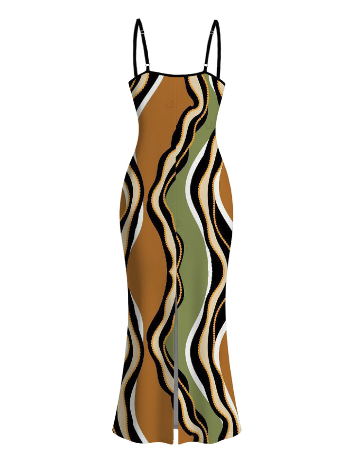 Women's Retro Wave Stripe Print Spaghetti Strap Dress, Slim-fit Figure-hugging Elegant Long Dress