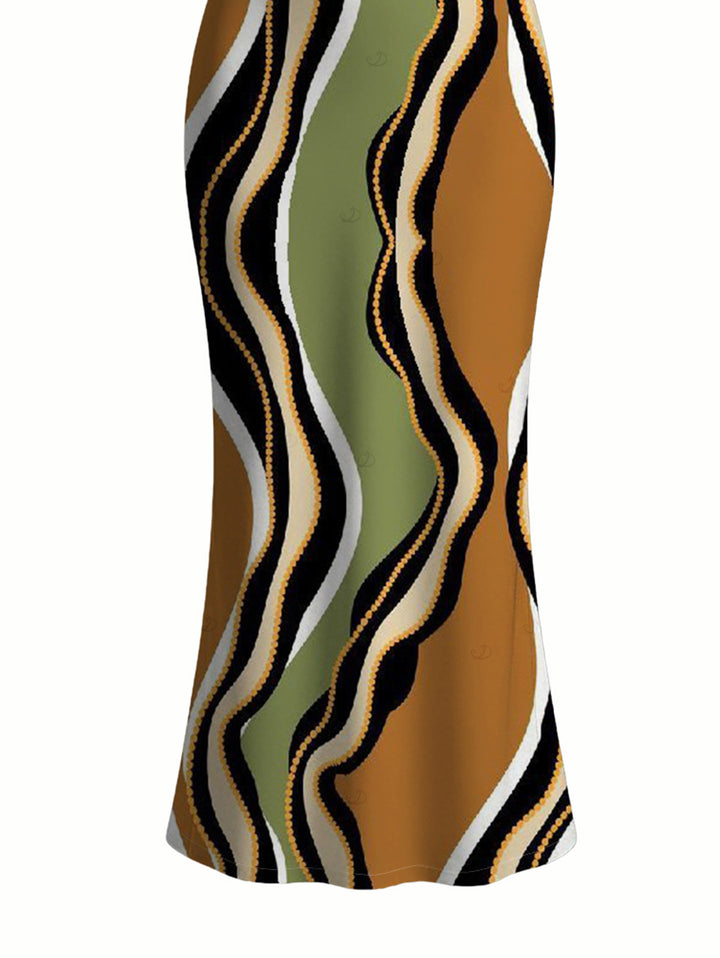 Women's Retro Wave Stripe Print Spaghetti Strap Dress, Slim-fit Figure-hugging Elegant Long Dress