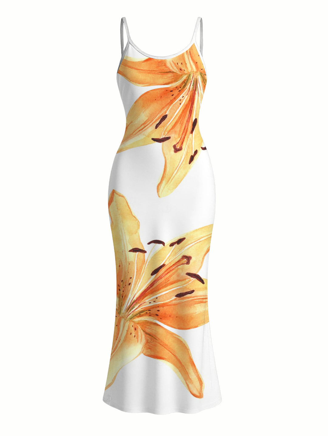 Women's Lily Print Spaghetti Strap Dress, Slim-fit Long Bodycon Dress, Vacation Style