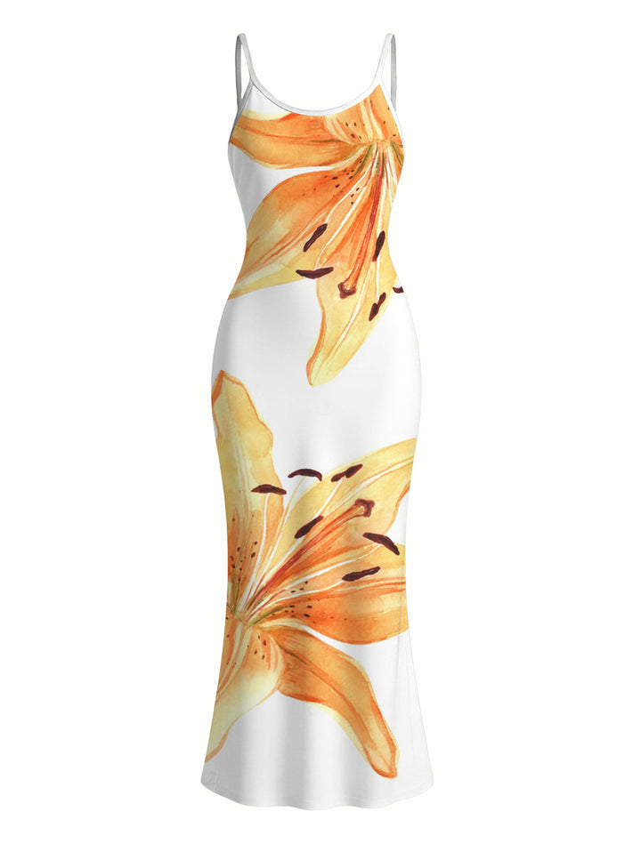 Women's Lily Print Spaghetti Strap Dress, Slim-fit Long Bodycon Dress, Vacation Style