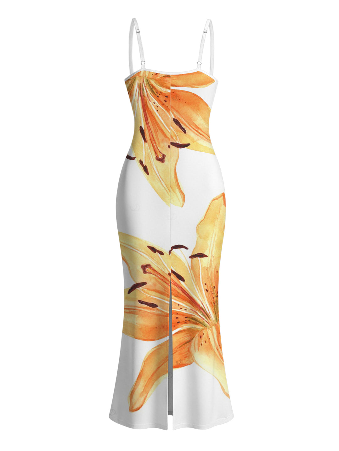 Women's Lily Print Spaghetti Strap Dress, Slim-fit Long Bodycon Dress, Vacation Style