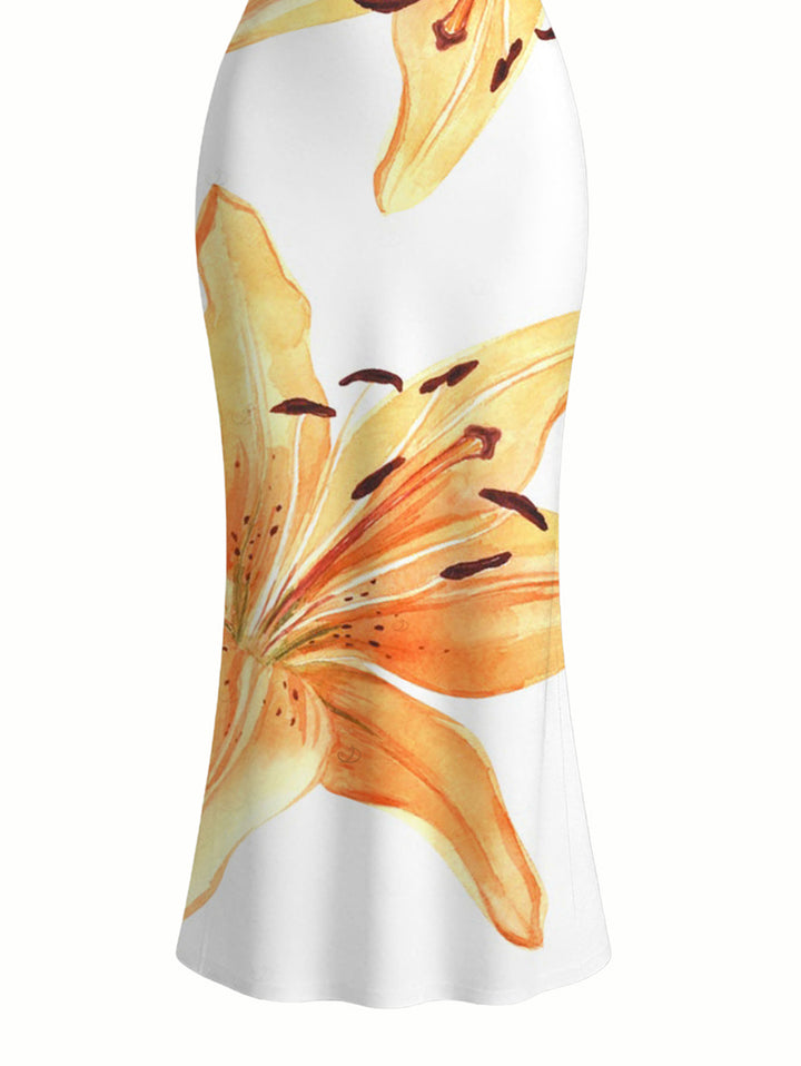 Women's Lily Print Spaghetti Strap Dress, Slim-fit Long Bodycon Dress, Vacation Style