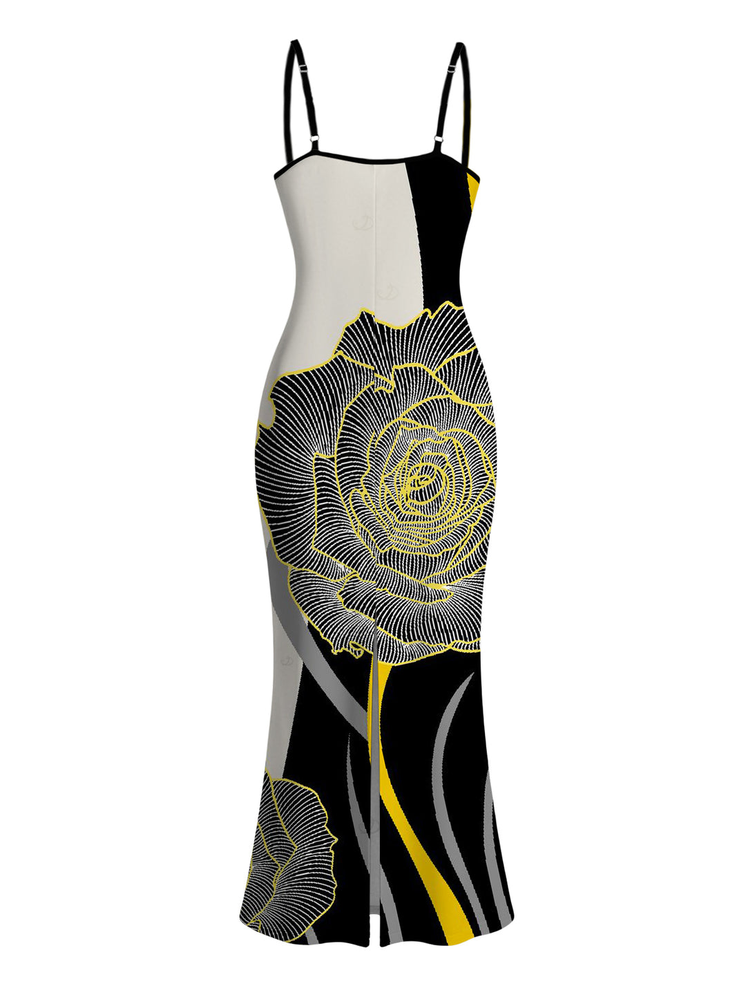 Women's Contrast Color Line Rose Print Spaghetti Strap Dress, Slimming, Figure-hugging & Elegant Long Dress