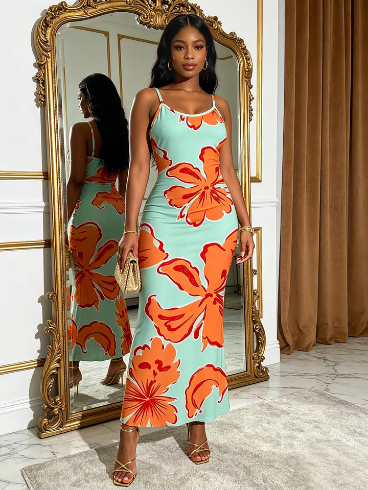 Colorblock Hibiscus Floral Print Spaghetti Strap Bodycon Vacation Dress