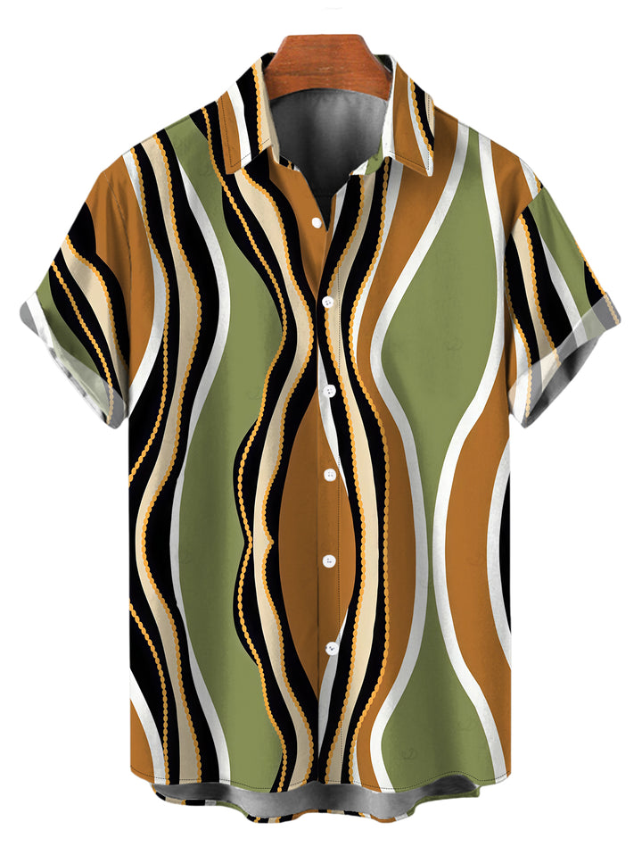 Men's Wave Striped Print Button Up Vintage Vacation Shirt