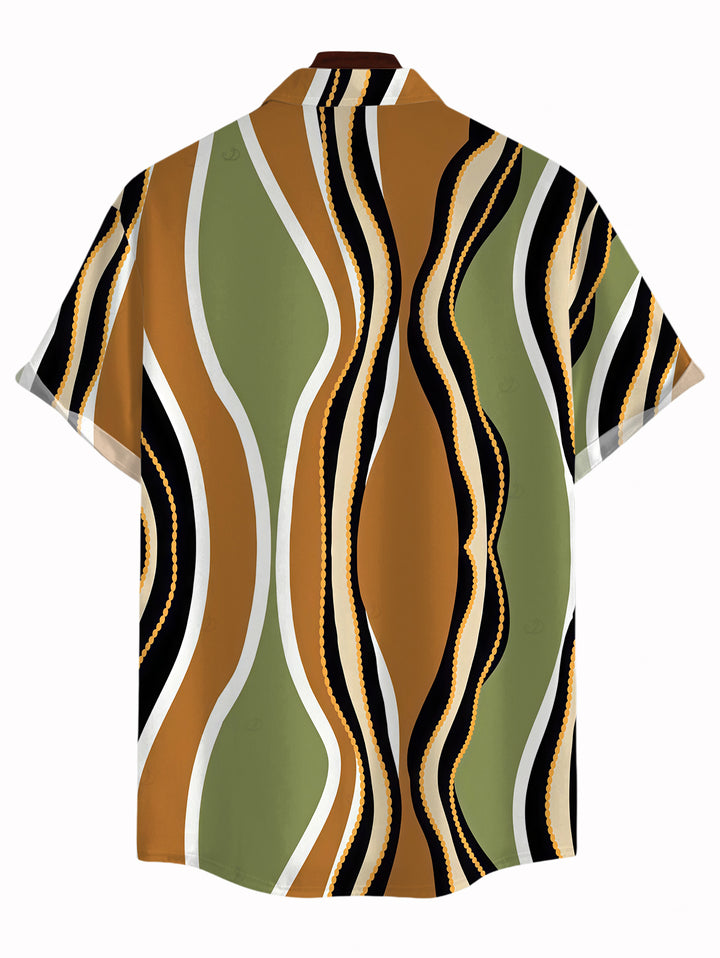 Men's Wave Striped Print Button Up Vintage Vacation Shirt
