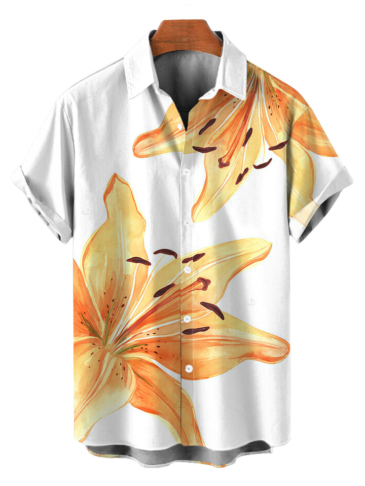 Men's Watercolor Lily Floral Print Button Up Vacation Shirt