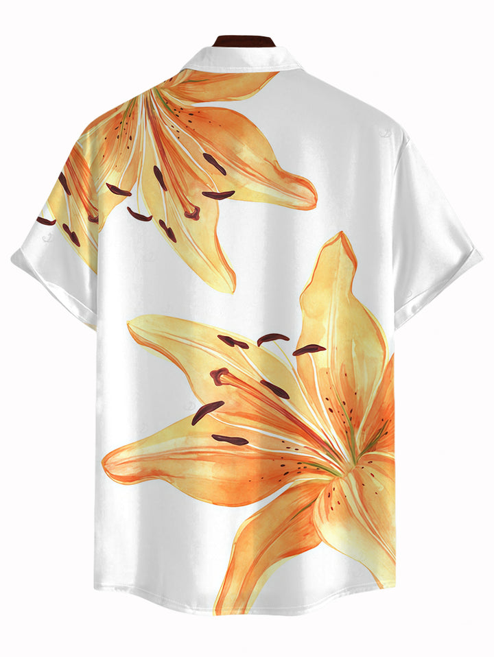 Men's Watercolor Lily Floral Print Button Up Vacation Shirt