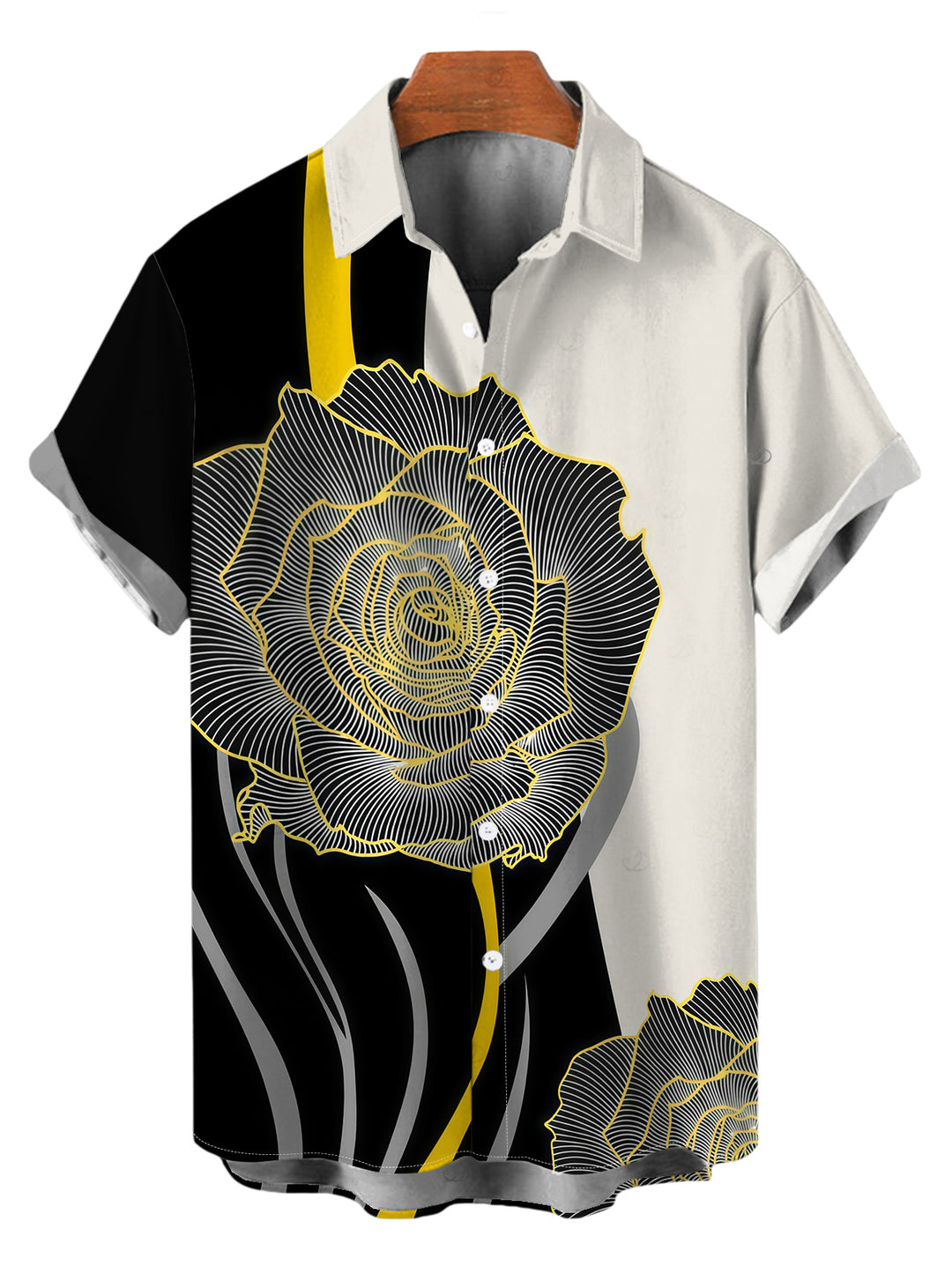 Men's Colorblock Line Rose Floral Print Button Up Vacation Shirt