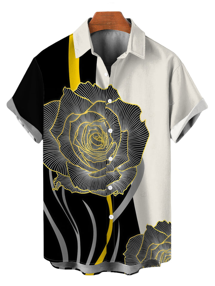 Men's Colorblock Line Rose Floral Print Button Up Vacation Shirt