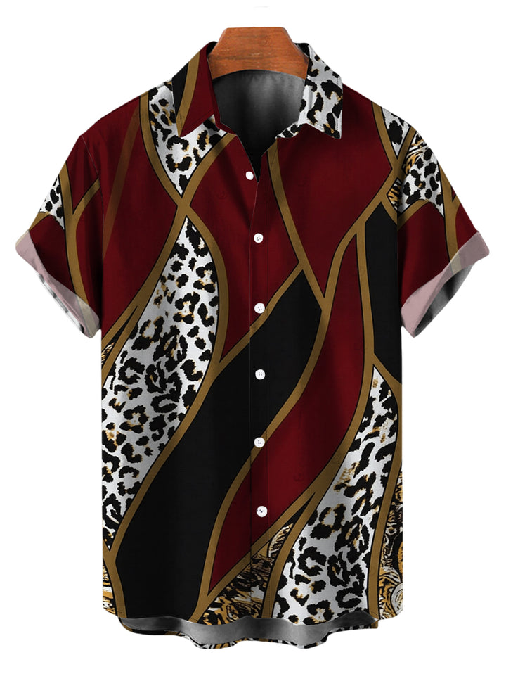 Men's Colorblock Geometric Leopard Print Button Up Vacation Shirt