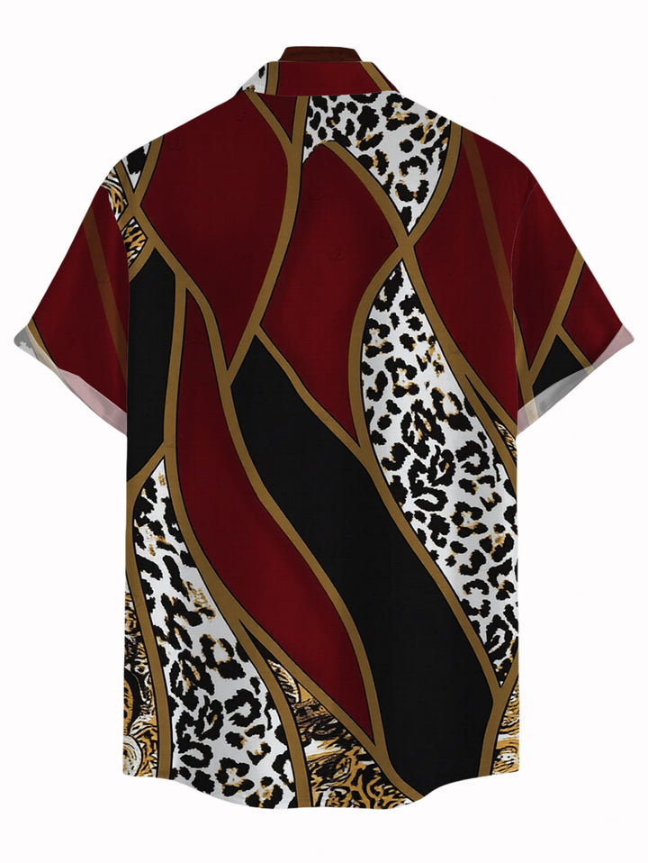 Men's Colorblock Geometric Leopard Print Button Up Vacation Shirt