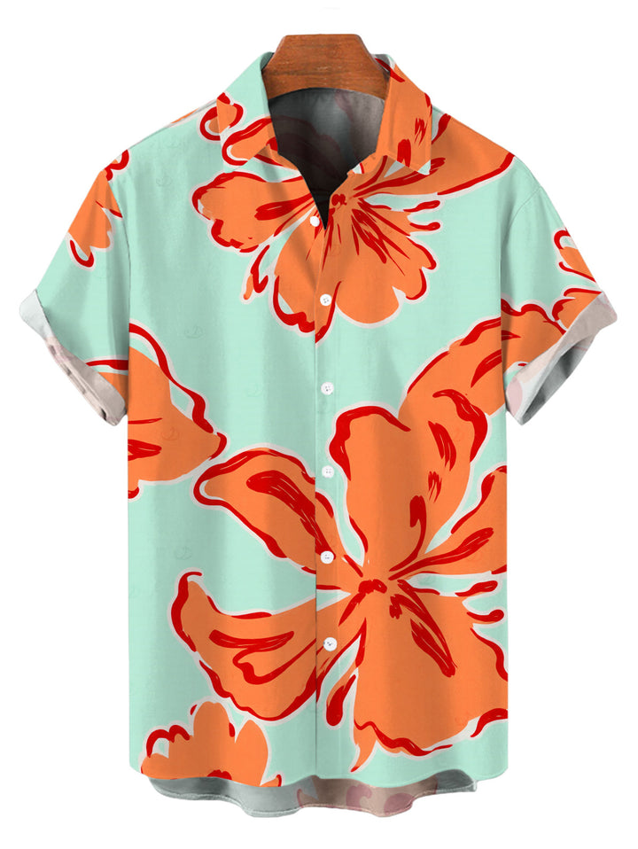 Men's Colorblock Hibiscus Floral Print Button Up Vacation Shirt