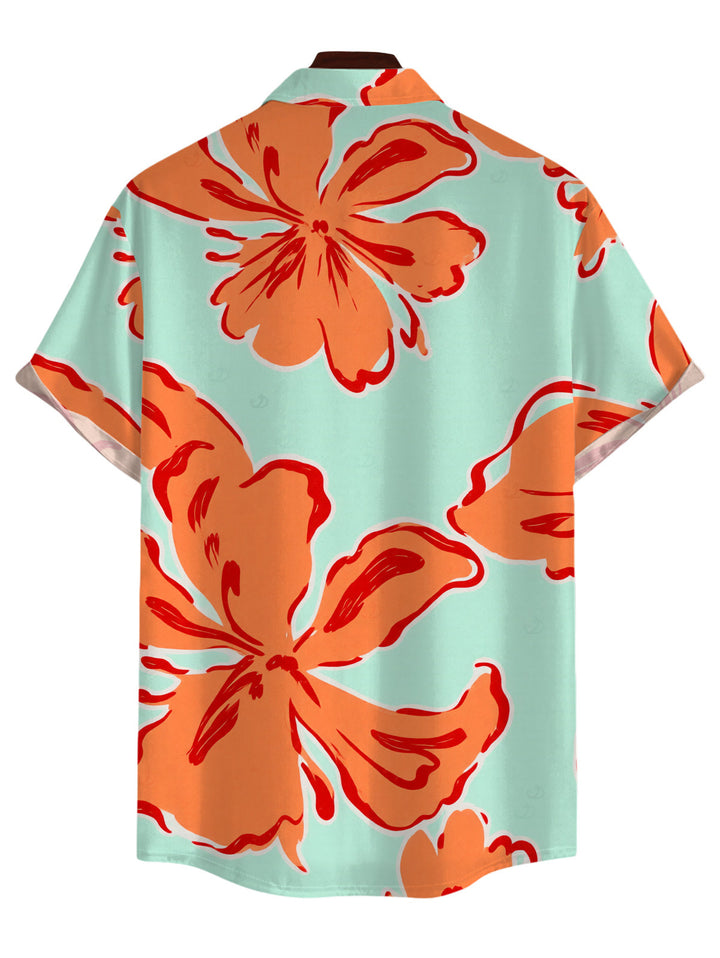 Men's Colorblock Hibiscus Floral Print Button Up Vacation Shirt