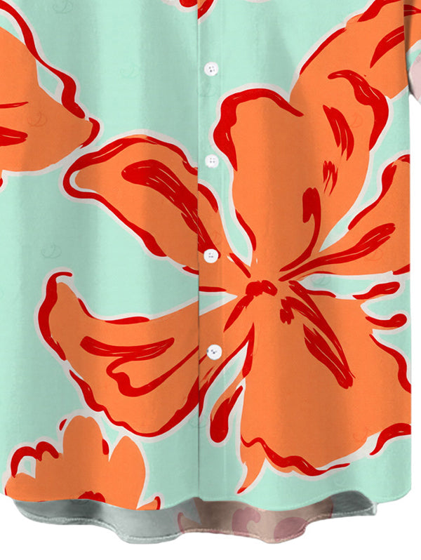 Men's Colorblock Hibiscus Floral Print Button Up Vacation Shirt