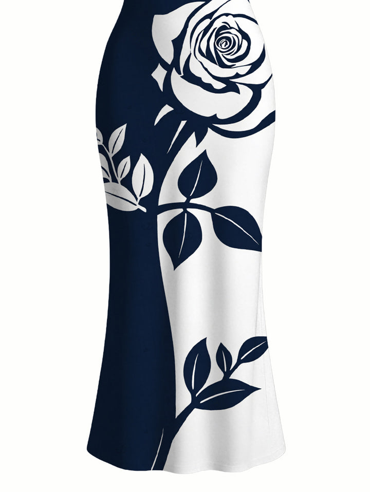 Contract Color Rose Floral Print Spaghetti Strap Bodycon Vacation Dress