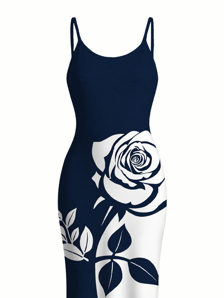 Contract Color Rose Floral Print Spaghetti Strap Bodycon Vacation Dress