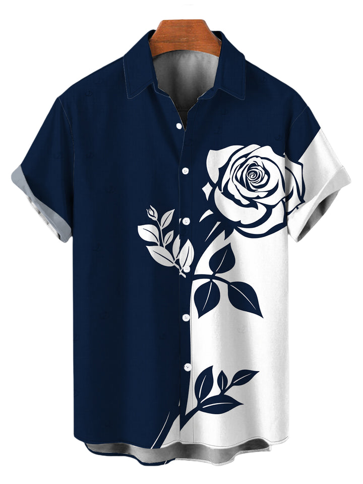 Men's Contract Color Rose Floral Print Button Up Vacation Shirt