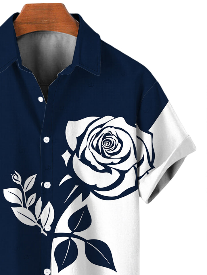 Men's Contract Color Rose Floral Print Button Up Vacation Shirt