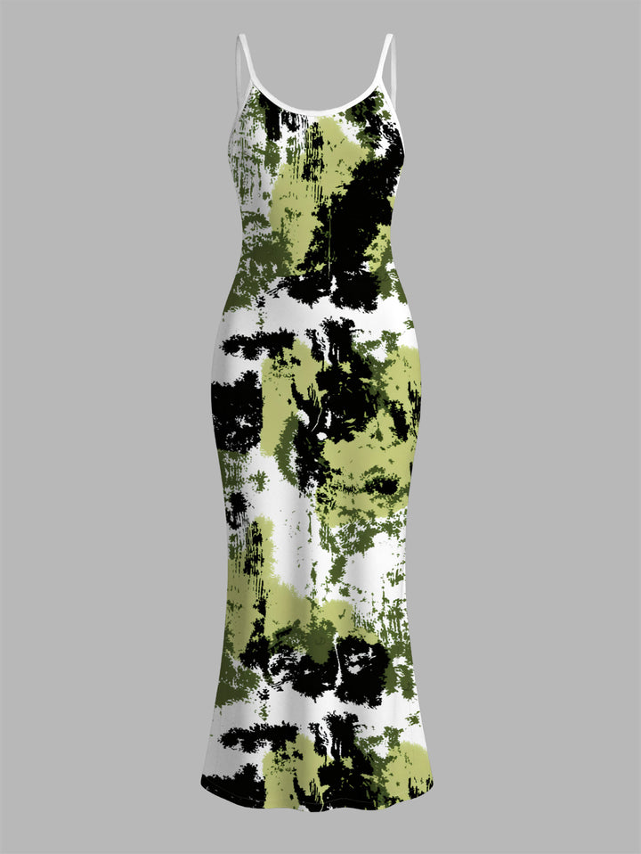 Splatter Ink Camo Print Bodycon Mermaid Maxi Vacation Dress