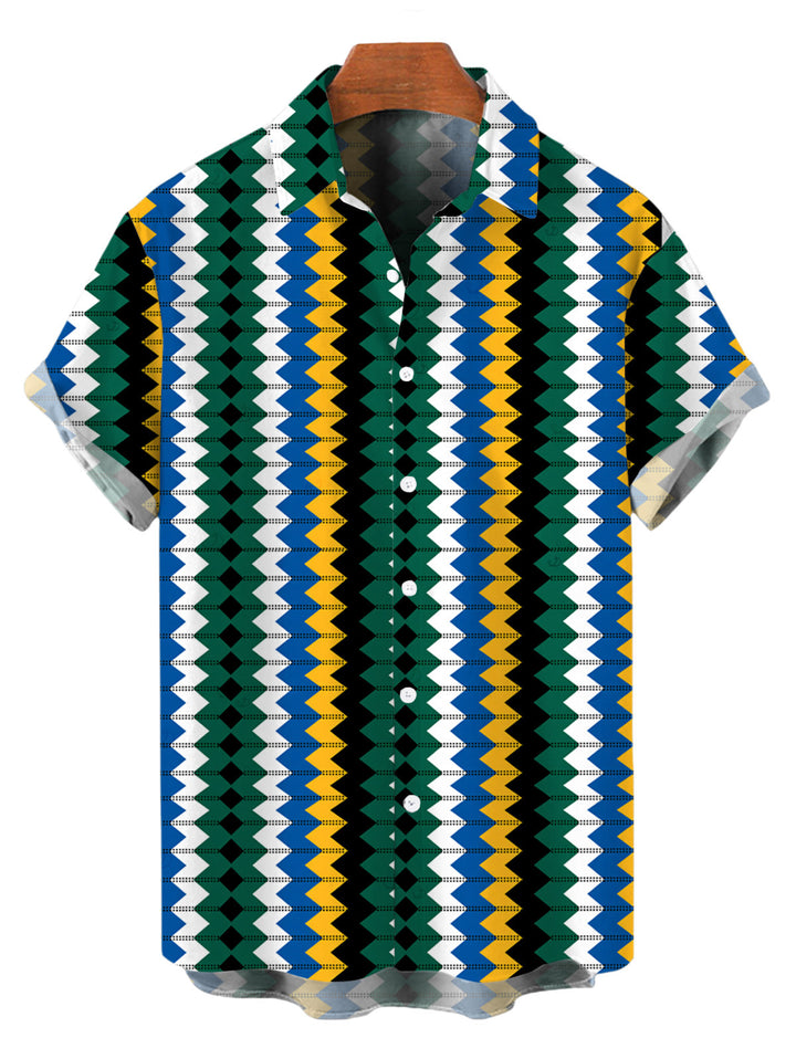 Men's Colorblock Zig Zag Print Button Up Hawaiian Vacation Shirt