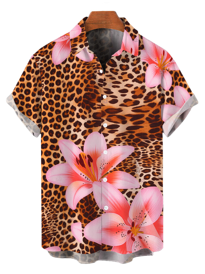 Men's Lily Floral Leopard Print Button Up Vacation Shirt
