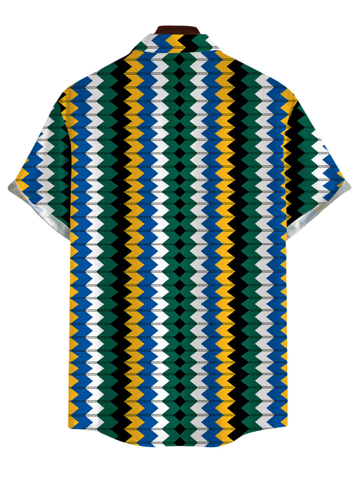 Men's Colorblock Zig Zag Print Button Up Hawaiian Vacation Shirt