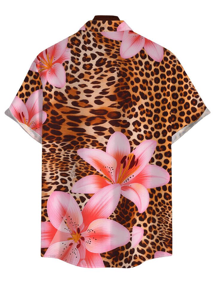 Men's Lily Floral Leopard Print Button Up Vacation Shirt