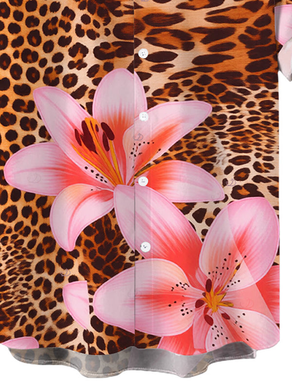 Men's Lily Floral Leopard Print Button Up Vacation Shirt