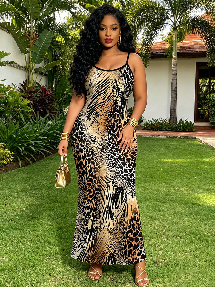 Mixed Leopard Tiger Patchwork Print Bodycon Mermaid Maxi Vacation Dress