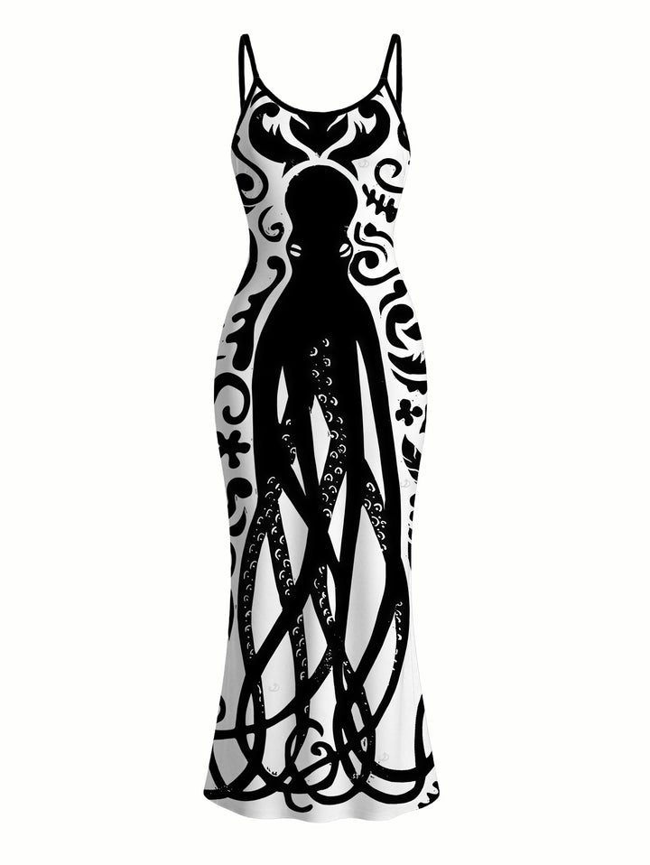 Colorblock Octopus Totem Print Bodycon Mermaid Maxi Vacation Gothic Dress