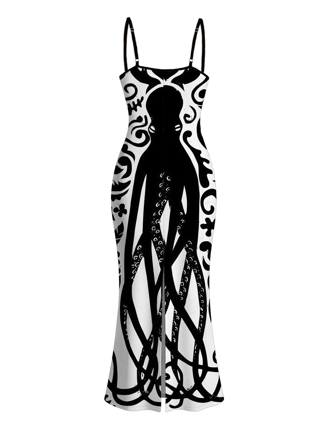 Colorblock Octopus Totem Print Bodycon Mermaid Maxi Vacation Gothic Dress