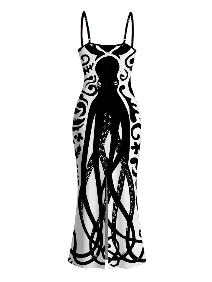 Colorblock Octopus Totem Print Bodycon Mermaid Maxi Vacation Gothic Dress