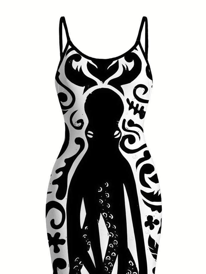 Colorblock Octopus Totem Print Bodycon Mermaid Maxi Vacation Gothic Dress