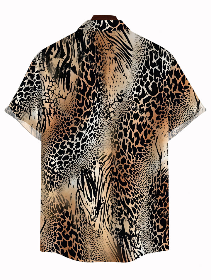 Men's Mixed Leopard Tiger Patchwork Print Button Up Vacation Shirt
