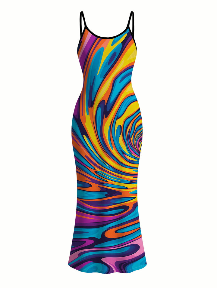 Colorful Swirl Abstract Ripple Print Bodycon Mermaid Maxi Vacation Dress