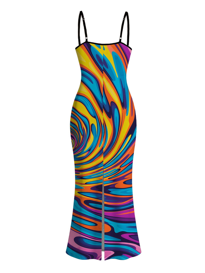 Colorful Swirl Abstract Ripple Print Bodycon Mermaid Maxi Vacation Dress
